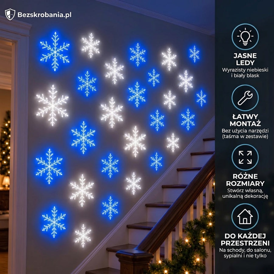 FrostyLED™ Zestaw ściennych dekoracji LED Płatki Śniegu