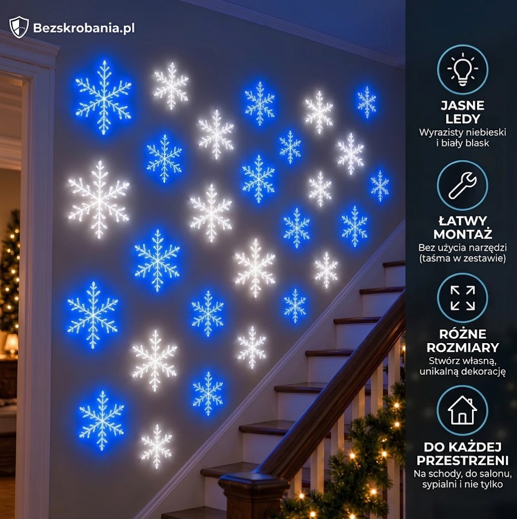 FrostyLED™ Zestaw ściennych dekoracji LED Płatki Śniegu